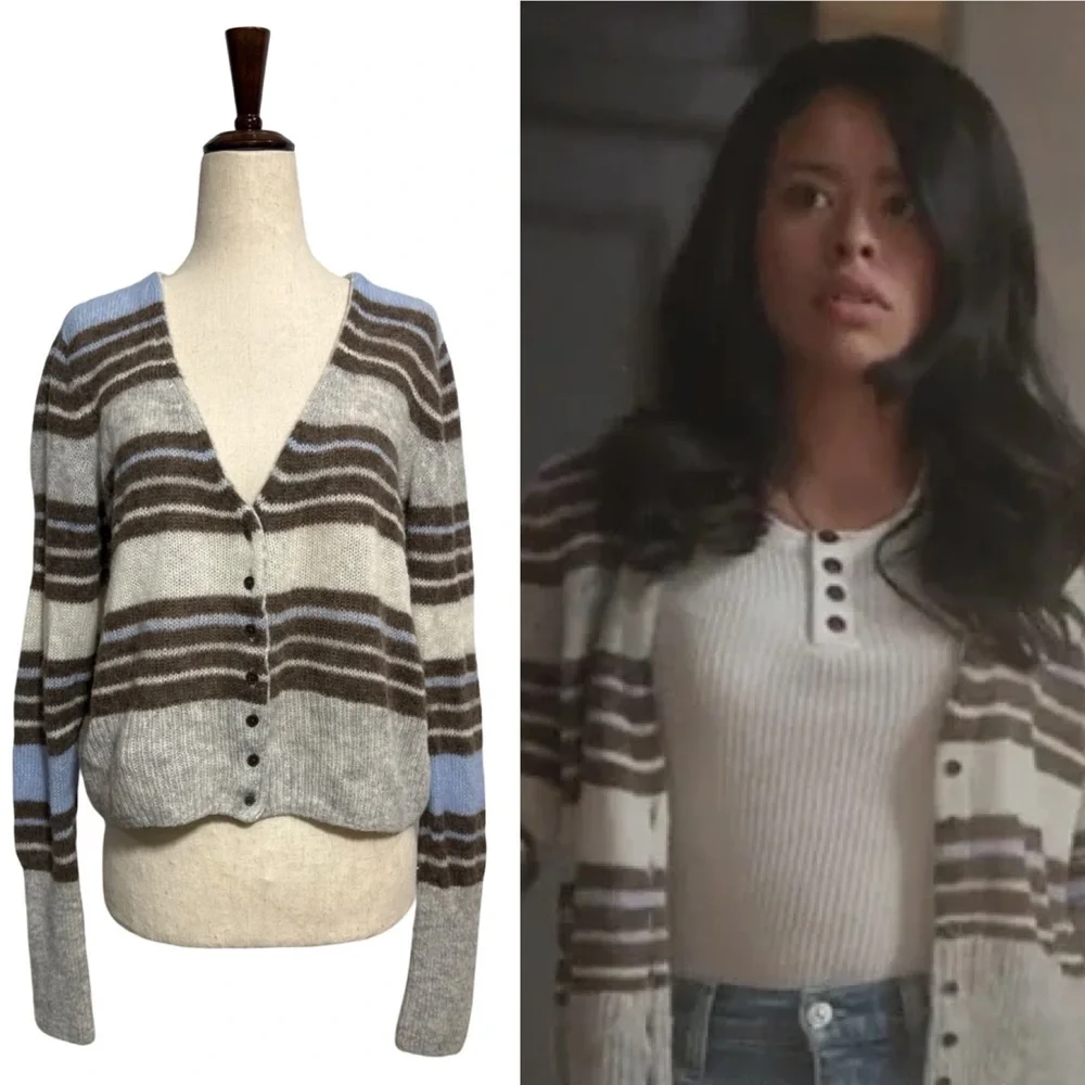 Free People • Kinsley Striped Cropped Cardigan Blue Brown M ASO Mariana Foster